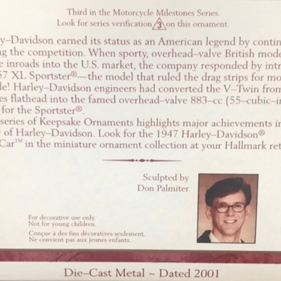 2001 HALLMARK HARLEY DAVIDSON 1957 XL SPORTSTER Collector's Series Ornament - Picture 8 of 9